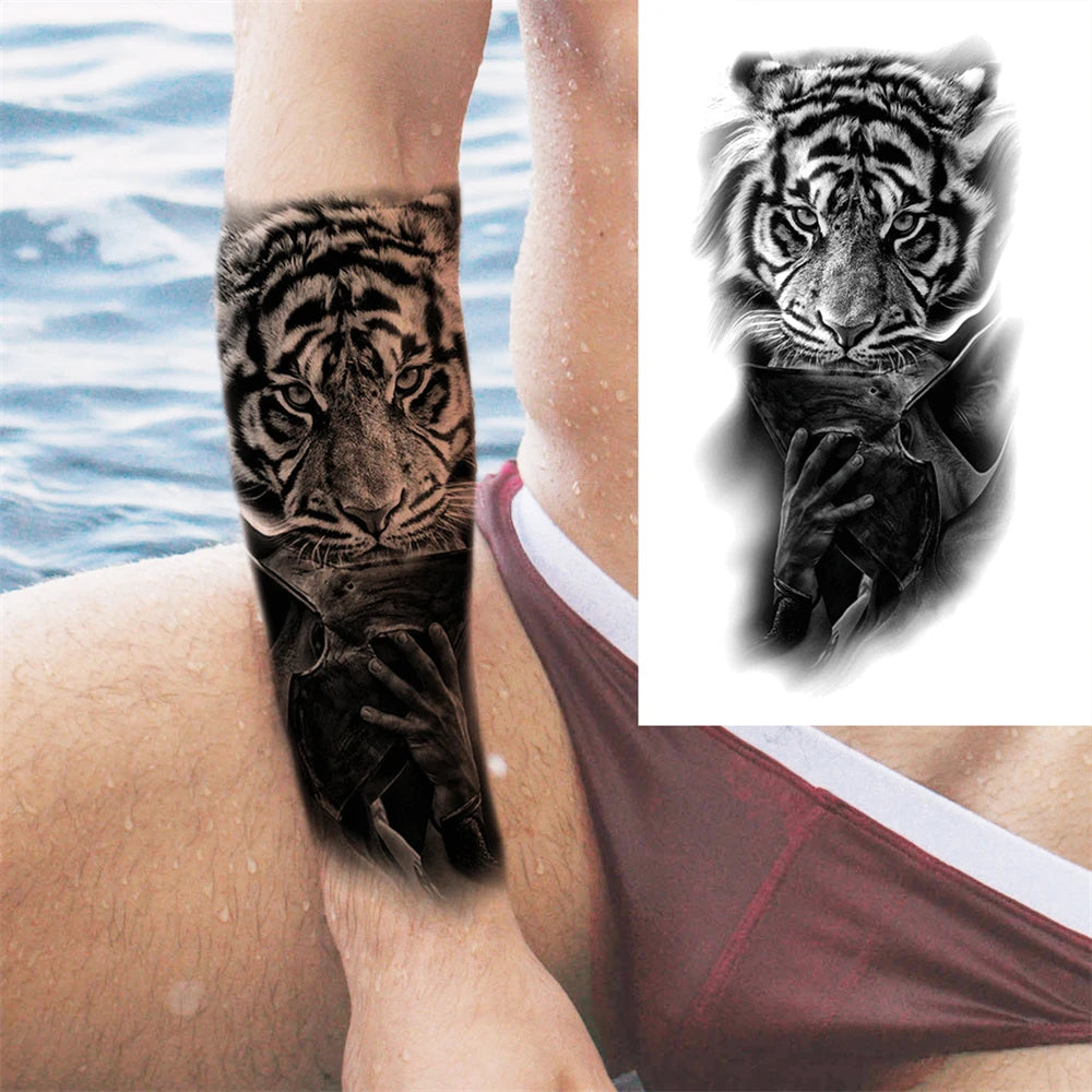 1pc Lion Men Waterproof Temporary Tattoos Fake Stickers Arm Hand Cool Art Black Transfer Clock Tattoo Stickers Wolf Tiger Tattoo