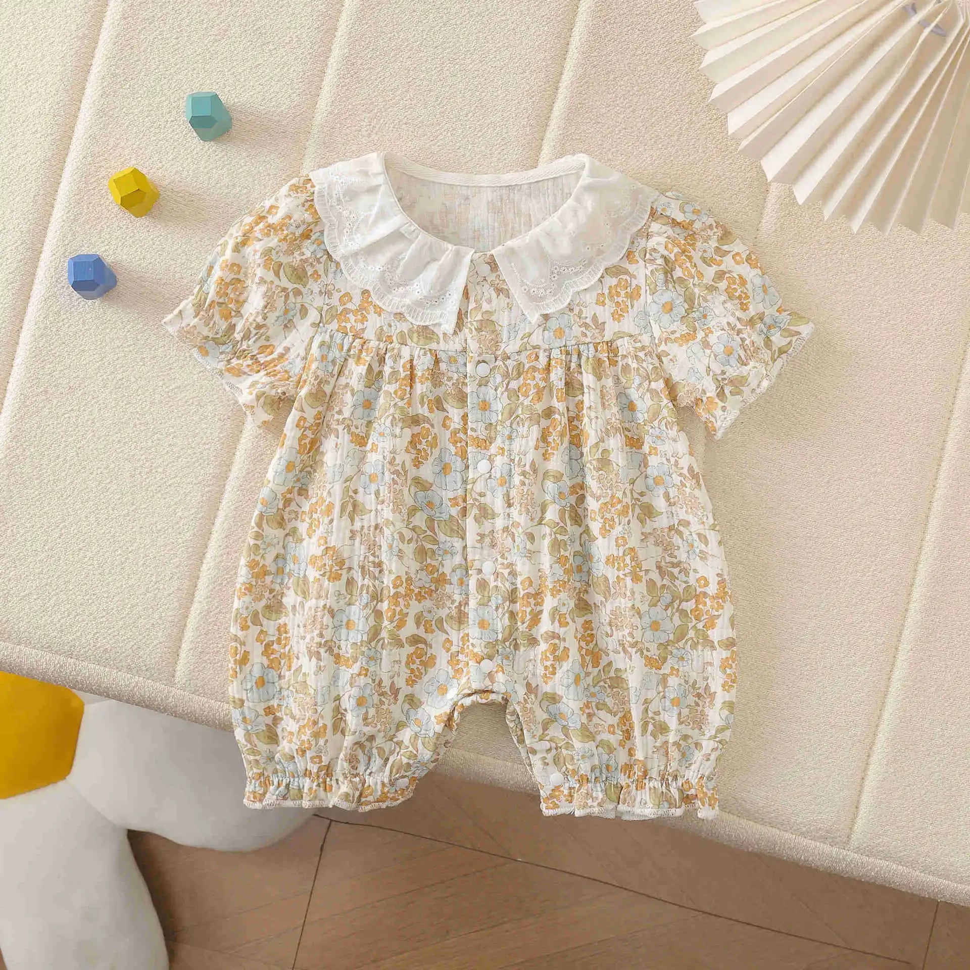 2025 Newborn Toddler Baby Girl Romper Short Sleeve Lace Collar Cotton Thin Breathable Summer Floral Dot Leaf Print Cute Jumpsuit