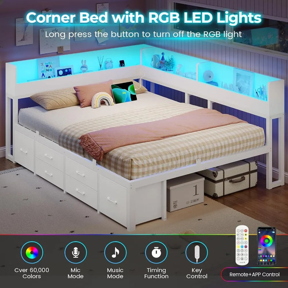 Corner Bed Frame Queen with Storage 6 Drawers, Daybed with Storage Bookcase | Daybed with LED Lights and Charging Station
