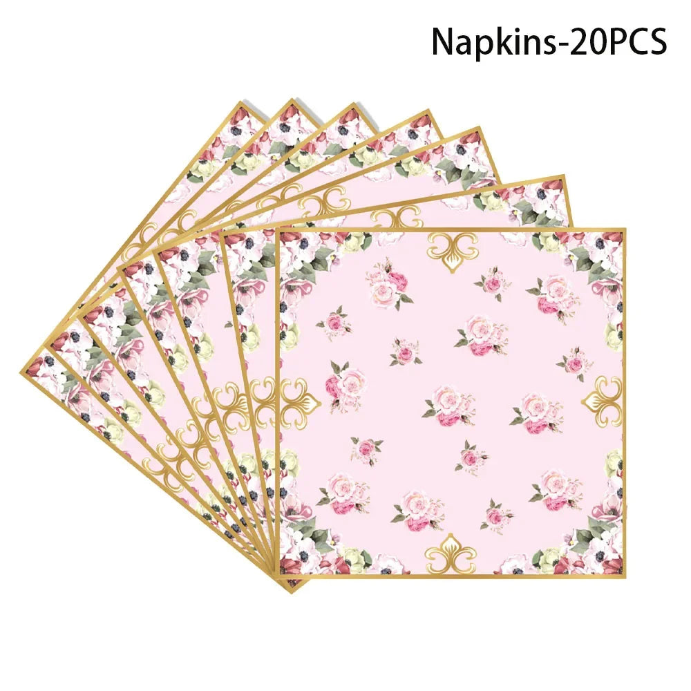 Vintage Floral Tea Party Tableware Set Elegant Pink Paper Plates Cups Napkins EVJF Girls Birthday Bridal Shower Wedding Decor
