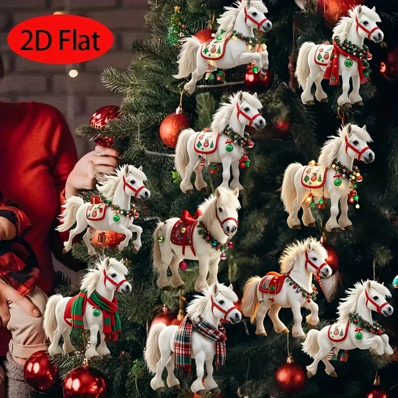 10pcs Elegant White Horse 2D Wooden Decorations Hanging on Christmas Trees As Christmas Decorations Xmas Party Best Giving Gifts