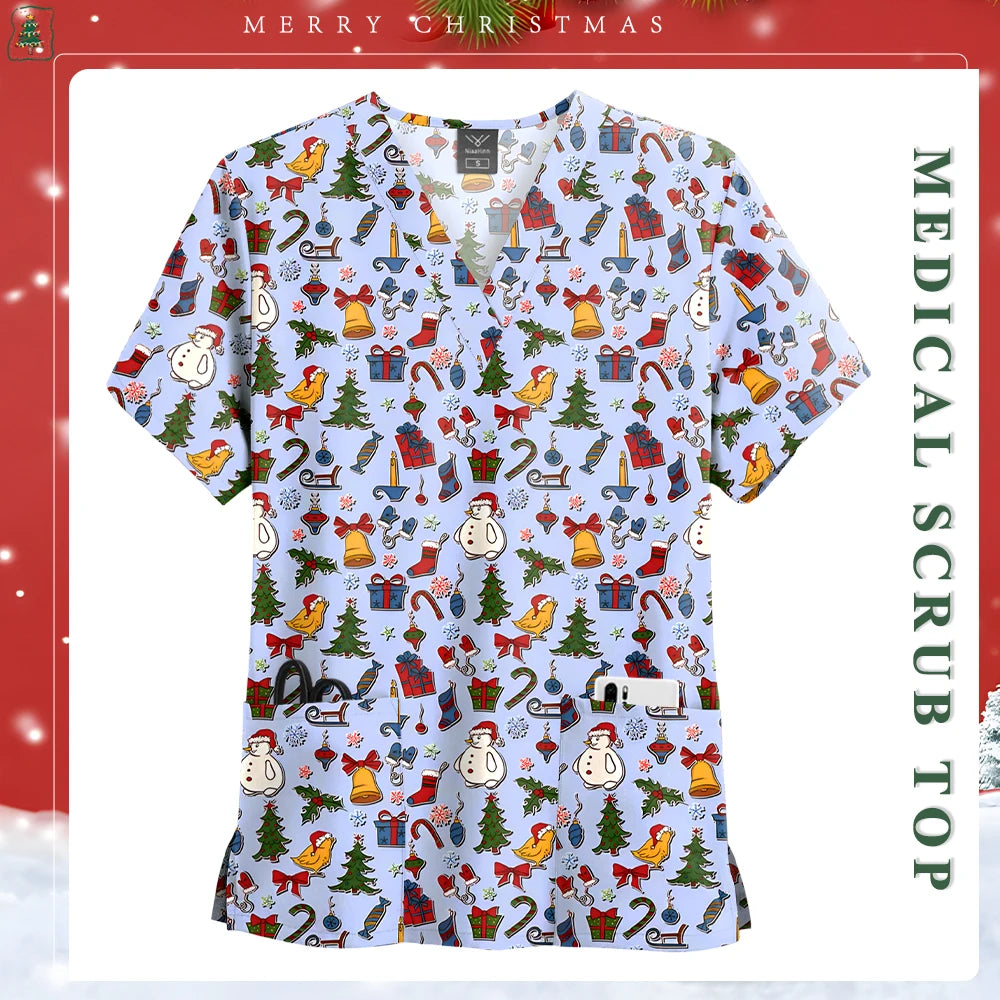 Women Men Christmas Scrubs Top Short Sleeve Pockets Surgery Blouse V-neck Medical Clothes Unisex Spa Dental Vet Surgical Uniform