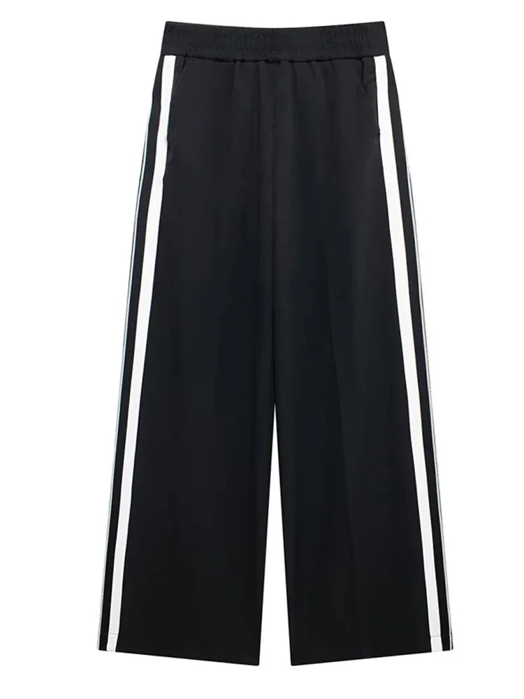 HH 2024 Women Stripe Top Trousers Sports Suits Female Long Sleeves Zip Lapel Coat+High Waist Wide Leg Pants Two-piece Set