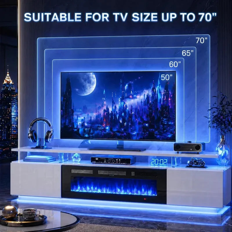 70 inch Modern TV Stand with Electric Fireplace for TVs up to 80 inches White Living Room Media Console Entertainment Center