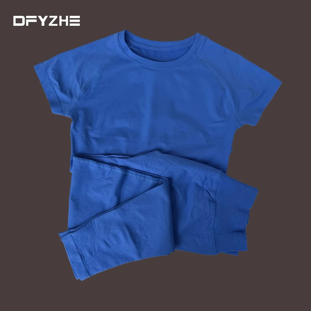 summer new T-shirt long pants two-piece set round neck short sleeved tight pants, yoga fitness tight pants, running sports set