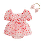 Pudcoco Newborn Infant Baby Girl Outfit, Short Sleeve Heart Print A-line Romper Dress with Bowknot Headband Clothes 0-18M