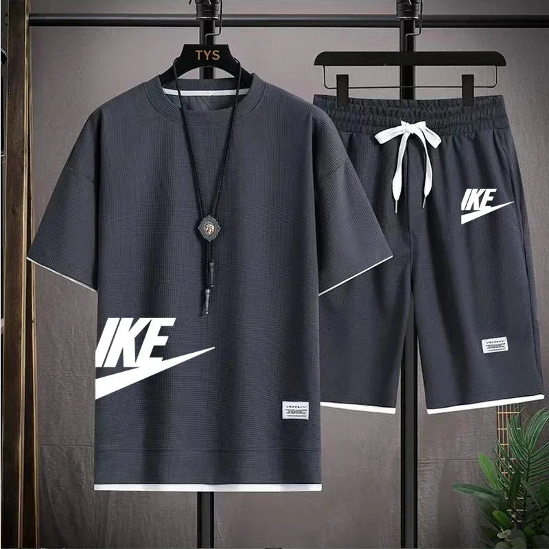 Summer fashion short-sleeved T-shirt + sports shorts set, men's casual jogging and fitness sportswear breathable two-piece set