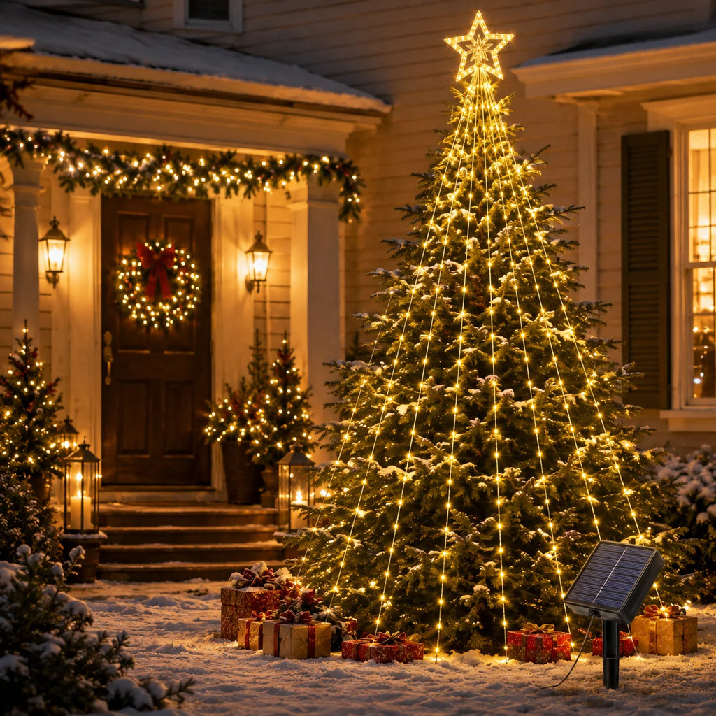 Solar Christmas Tree Lights Star Waterfall String Lights 200/290LED 8 Modes Outdoor Garden Yard Patio Holiday Christmas Decor