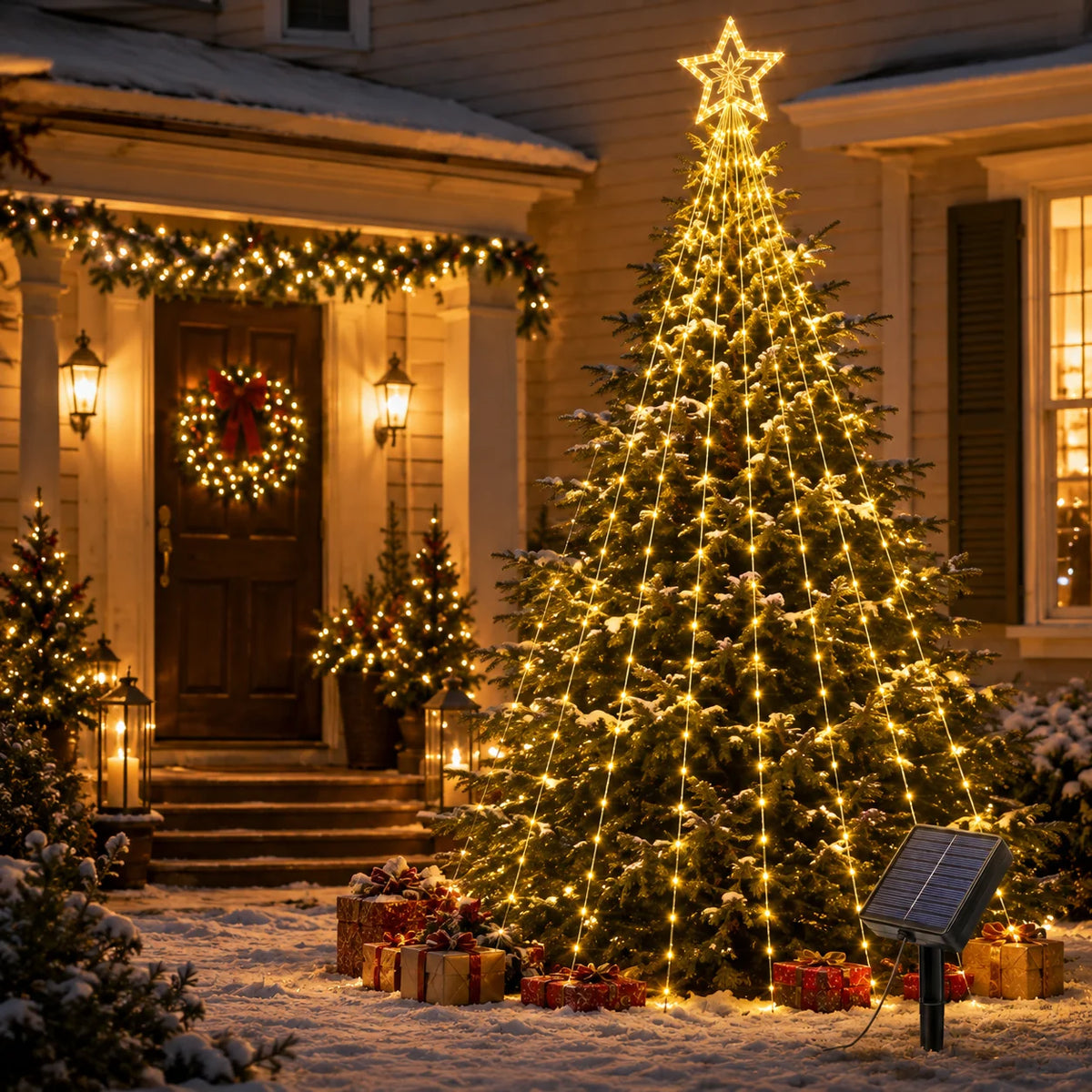 Solar Christmas Tree Lights Star Waterfall String Lights 200/290LED 8 Modes Outdoor Garden Yard Patio Holiday Christmas Decor