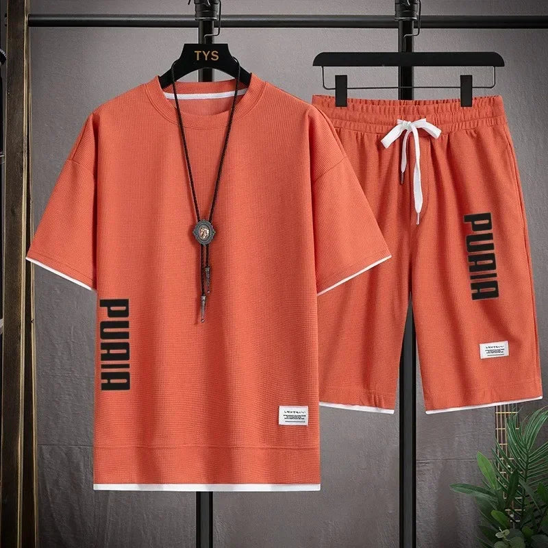 2026 New Men's T-shirt and Shorts Set 2-in-1 Summer Breathable Casual T-shirt Running Fashion Element Printed Men's Sports Set