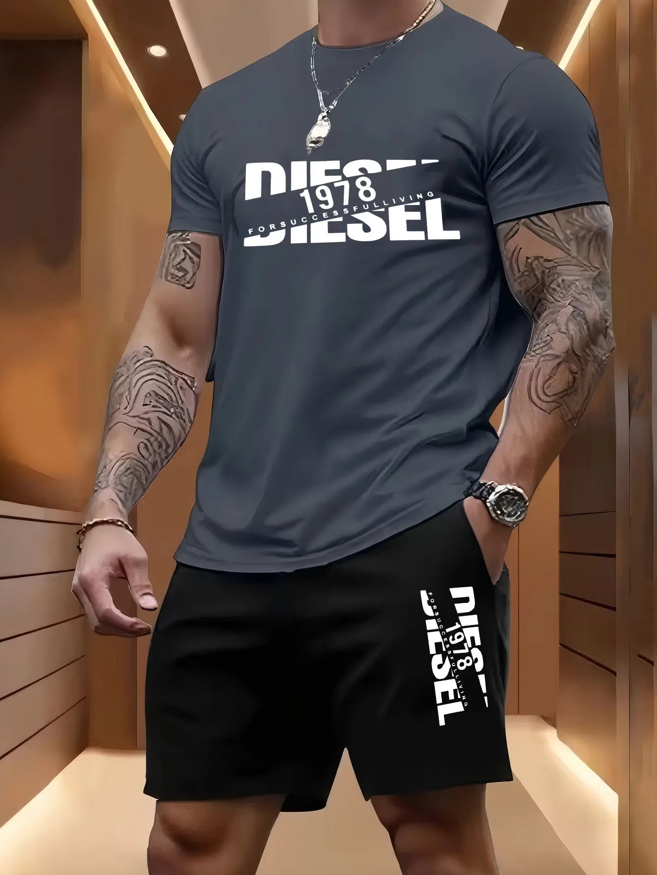 Summer men's casual two-piece set round-neck short-sleeved T-shirt and sports shorts for outdoor activities