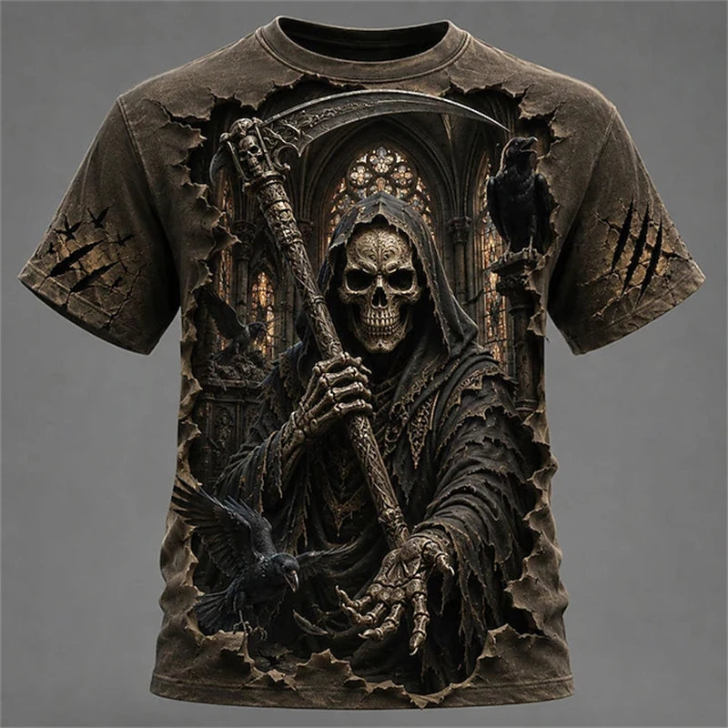 Men's Summer Skull-Printed Horror-Themed Crew-Neck T-Shirt Fashionable Trendy Street-Style Short-Sleeve Top for Halloween