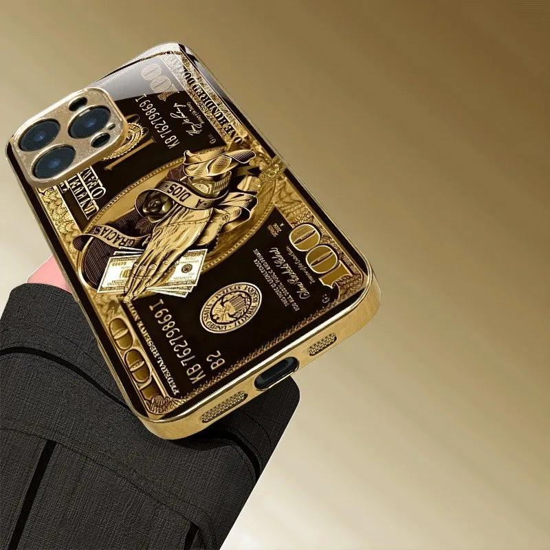 Creative Wealth Pattern Gold Metallic Paint Glass Phone Case For iPhone 17 16 15 14 13 12 11 Pro Max 15 14 Plus 17 Air 16E Cover