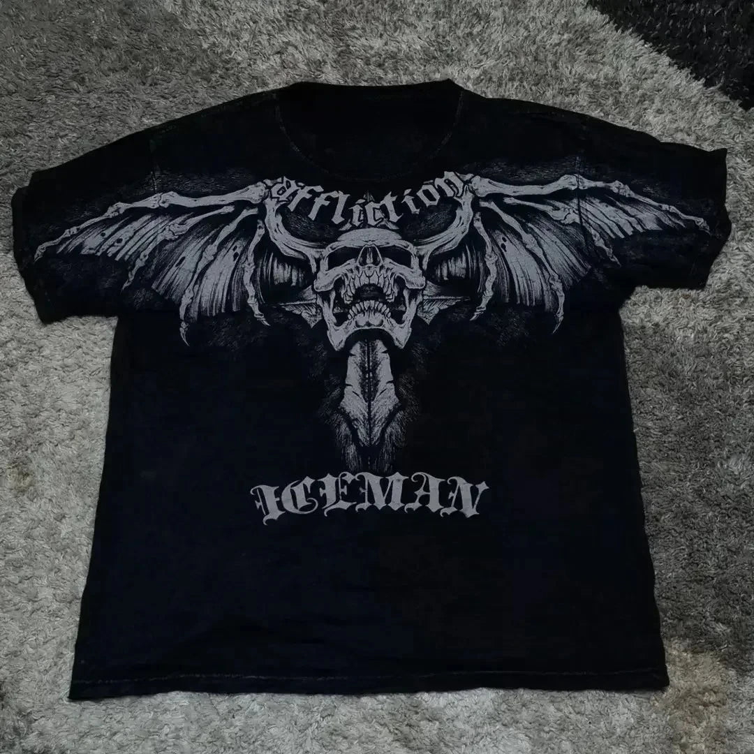 2000s affliction T-shirt Vintage Clothing Punk Hip Hop Graphic Print Oversized T shirt Men Round Neck Cotton Short Sleeve Tops