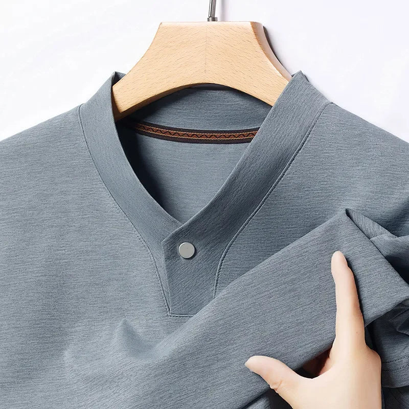 2026 Korean Style Men's Casual and Fashionable One Button V-neck Solid Color Short Sleeved T-shirt Summer Versatile Top