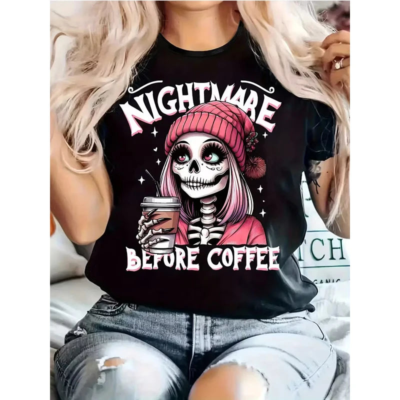Women's Skeleton Halloween T-Shirt Slogan Nightmare Before Coffe Graphic Tees Tops All Seasons Short Sleeve T Shirt Y2k Clothing