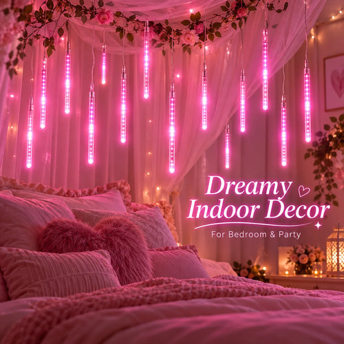 USB Pink Meteor Shower Lights Falling Rain Icicle LED Tube Fairy String Lights for Wedding Birthday  Window Christmas Decor