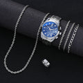 6 Pcs Set Men's Stainless Steel Watches Business Luxury Quartz Wristwatch Calendar Clock Casual Watch Necklace Bracelet Ring Set