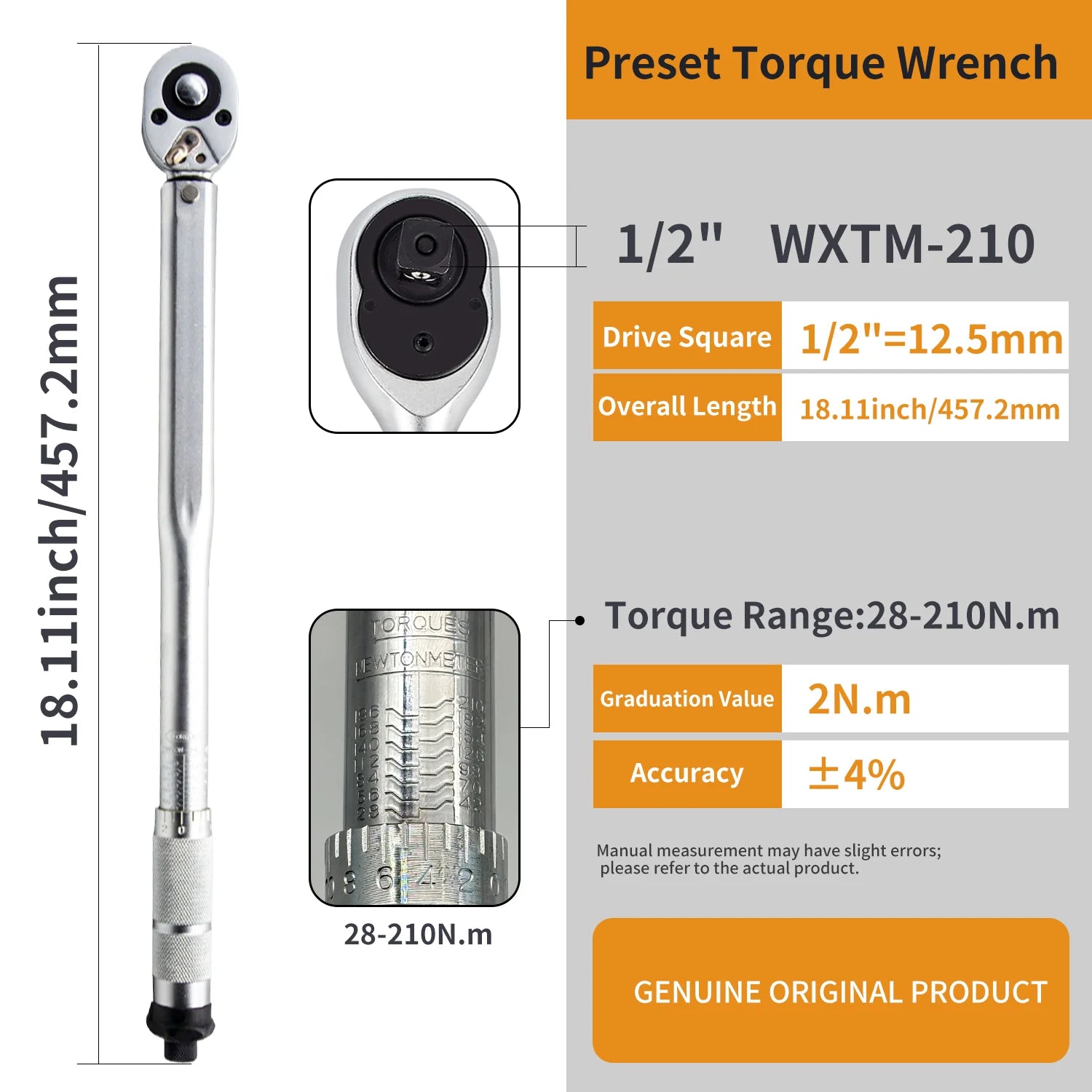 Waxtron Torque Wrench Set 1/2'' 28-210N.m Preset Torque Wrench 6PCS High Precise Hand Tools For Car Motorbike Repair