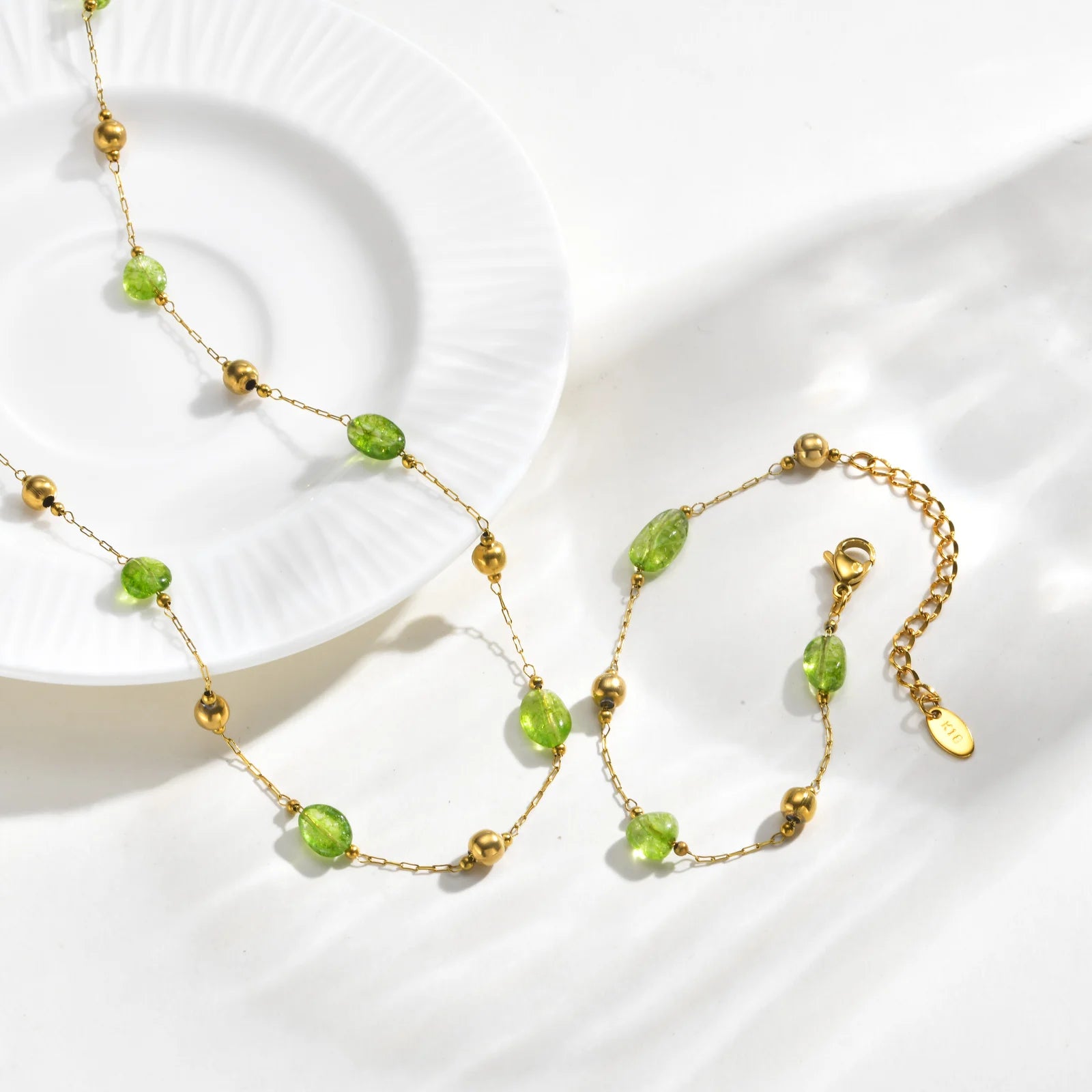 Fashion Green Natural Stone Bracelets for Women Stainless Steel Spacer Bead Bracelet 18K Gold Plated Jewelry Gift