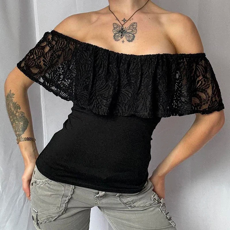 [RUOKE] Sexy Off Shoulder Lace Crop Top Women Ruffle Blouse Summer Slash Neck T-shirt Slim Fit Tube Top Going Out Party Date Y2K