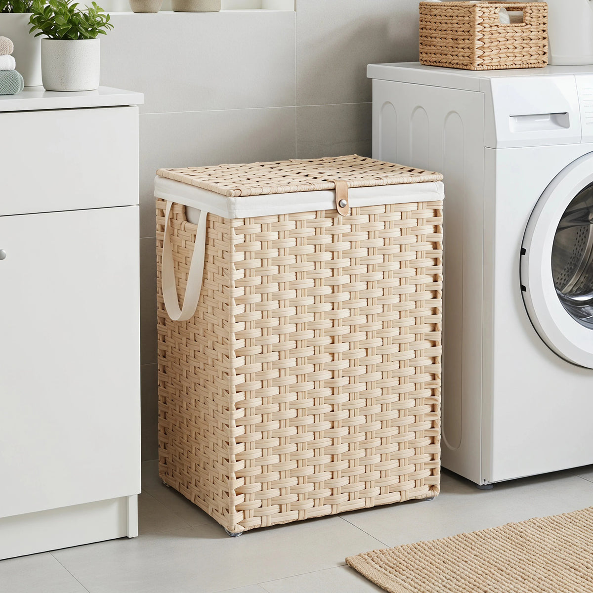 JHK 90L Wicker Laundry Hampers with Lid Woven Clothes Hamper with Side Handles Sturdy Steel Frame Removable Liner Foldable Rattan Laundry Basket For Home