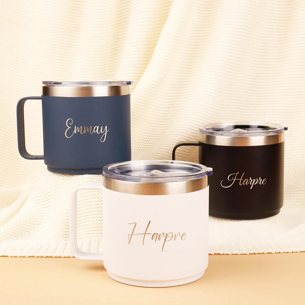 Custom 12oz Coffee Mug With Handle Tumbler Stainless Steel Vacuum Insulated Thermal Beer Cup Travel Thermos with Leakproof Lid