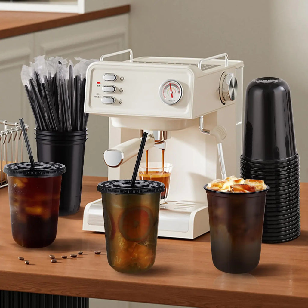 50 sets of 16oz (450ml) black transparent cups with lids and straws - disposable cold drink cups for iced coffee, milk tea, smoothies, and party events