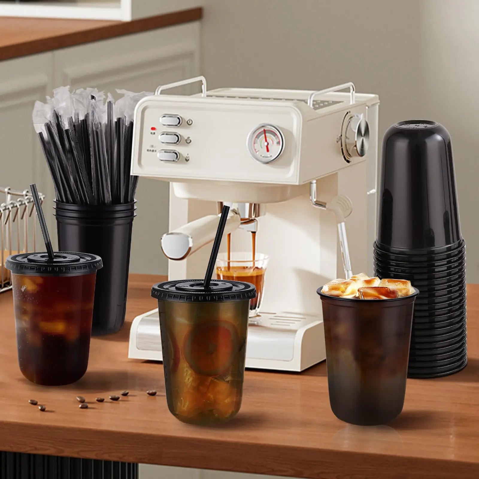 50 sets of 16oz (450ml) black transparent cups with lids and straws - disposable cold drink cups for iced coffee, milk tea, smoothies, and party events