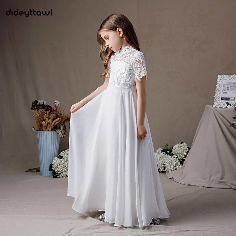 Dideyttawl Customized White High Neck Chiffon First Communion Dresses Lace Junior Bridesmaid Gown Concert Birthday Party