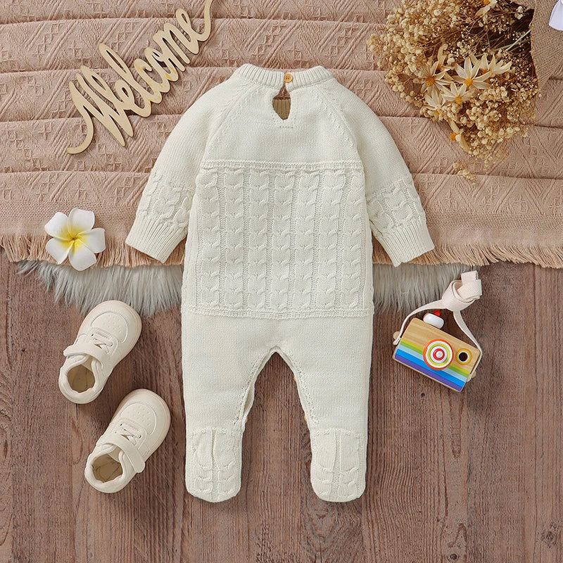 Newborn Baby Romper Long Sleeve Knit Infant Boy Girl Jumpsuit Fashion Solid Overalls Toddler Clothes 0-9M Foot Wrapped Warm Fall