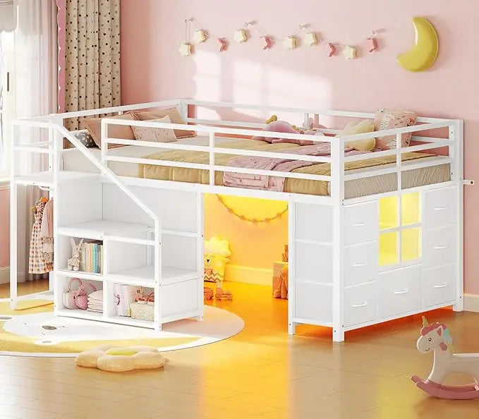 Low Loft Bed Twin Size with Stairs, LED Lights, 7 Drawers & Storage for Kids, Black