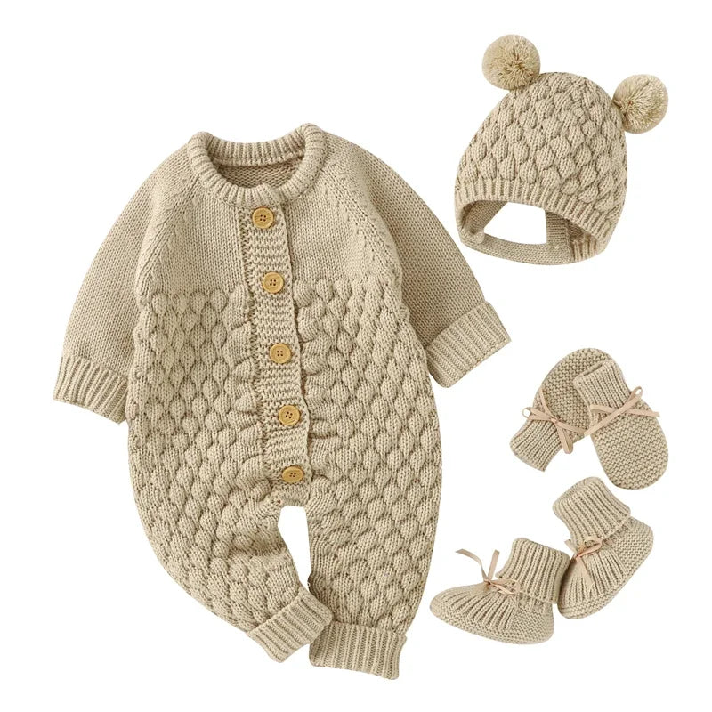 Newborn Baby Clothes Set Knitted Infant Girl Boy Romper +Hat +Gloves +Shoes Fall 4PC Long Sleeve Jumpsuit Outfits +Mitten +Boots