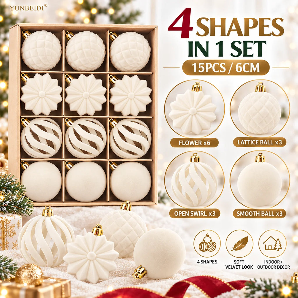 6CM Christmas Balls Set 15PCS Soft Velvet Flocked Ball Ornaments 4 Shapes Christmas Tree Decorations Home Gift Holiday Decor