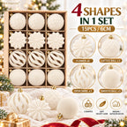 6CM Christmas Balls Set 15PCS Soft Velvet Flocked Ball Ornaments 4 Shapes Christmas Tree Decorations Home Gift Holiday Decor