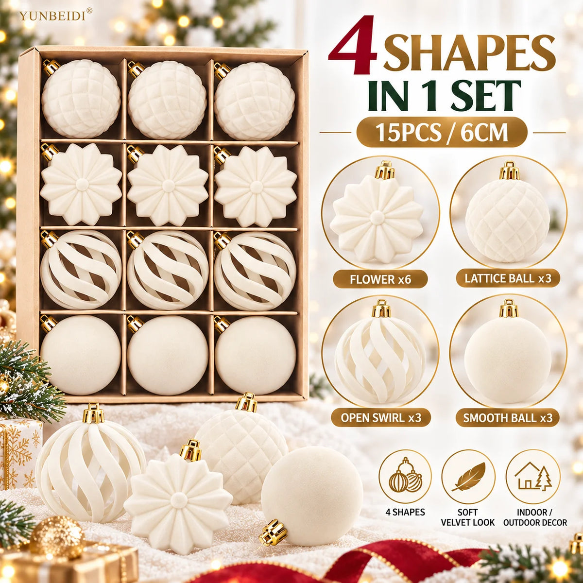 6CM Christmas Balls Set 15PCS Soft Velvet Flocked Ball Ornaments 4 Shapes Christmas Tree Decorations Home Gift Holiday Decor