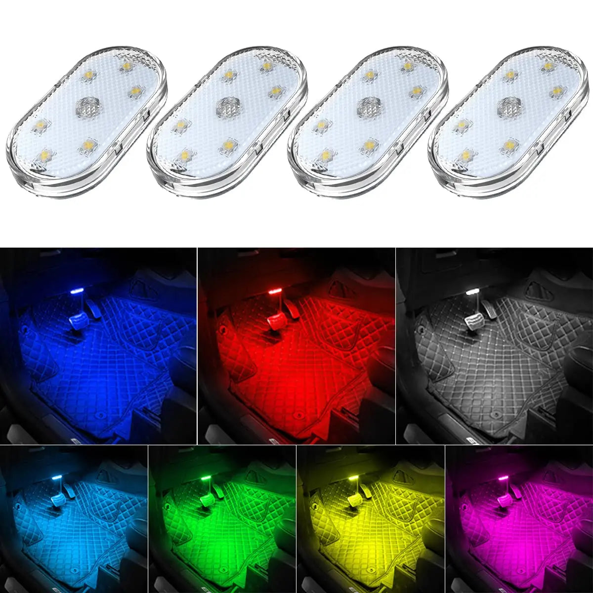 4Pcs Car LED Lights Interior Wireless 7 Colors with 6 LED Beads Portable USB Rechargeable Interior Led Night Light for Car Decor