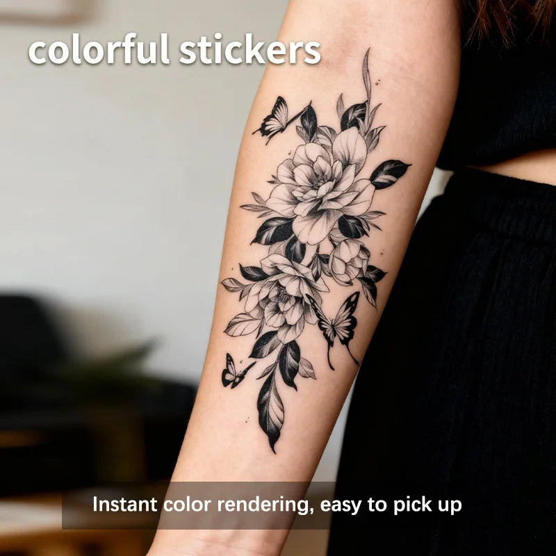 Flower & Butterfly Temporary Tattoo Sticker, Long-lasting and Waterproof, Realistic Fake Tattoos for Women, For Arm, Chest, Leg