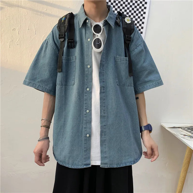 Short Sleeve Jacket Shirt Men's Trendy Brand INS Five Sleeve Casual Versatile Half Sleeve Trendy BF College Style Denim Shirt
