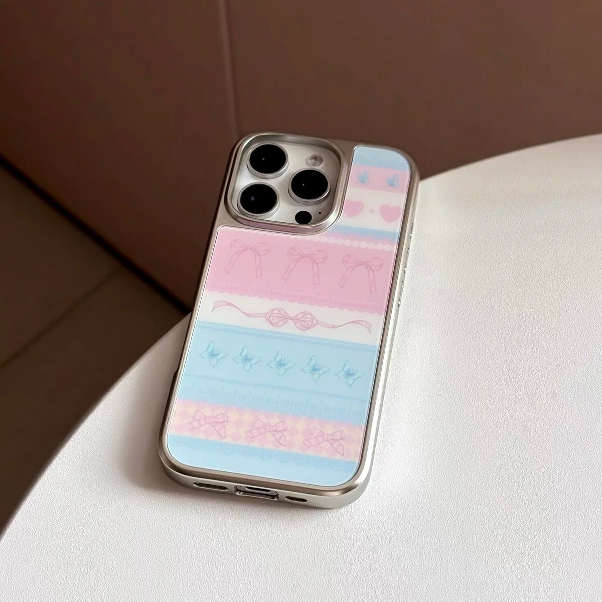 INS KOREAN Pink Forest Morning Post Bow Silver Frame Phone Case for IPhone 16 PLUS 15 14 13 12 11 Pro Max Back Cover Capa