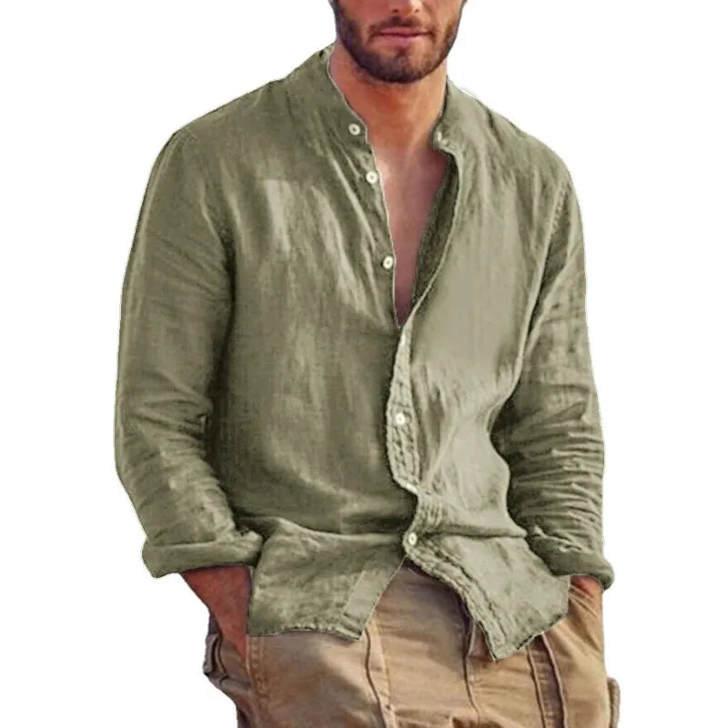 Sweatwear Men's Long Sleeve Shirt Linen Solid Color Shirts Trend Stand Collar Casual Lightweight Breathable Tops Hawaiian Shirt