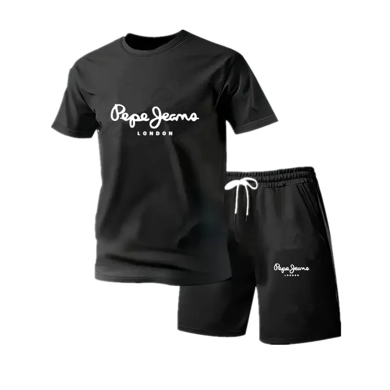 New summer fitness sportswear for men, short-sleeved T-shirt and shorts two-piece set, breathable and quick-drying casual wear.
