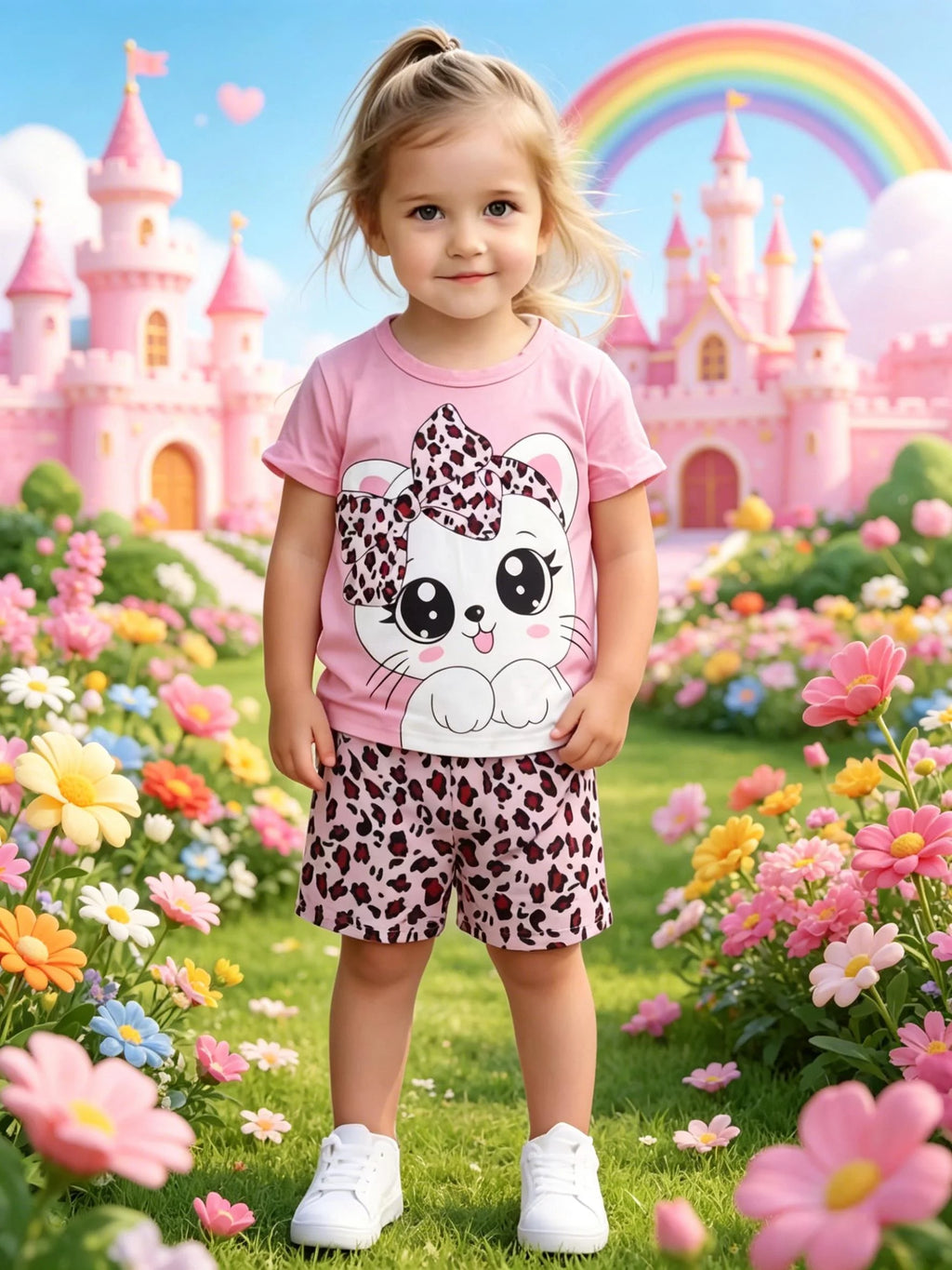 Sweet Cool Style Cartoon Cat Leopard Print Girls Short Sleeve Shorts Set New Arrival