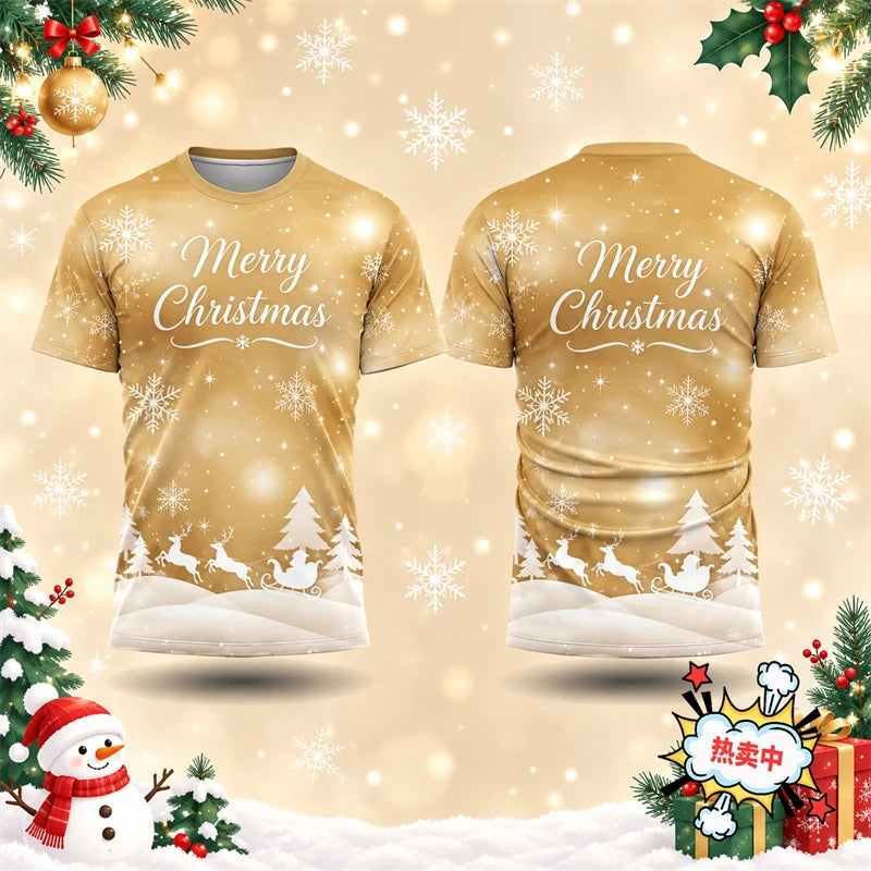 2026 New Merry Christmas T Shirt For Men Women 3D Print Snowflake Reindeer Sleigh Graphic Short Sleeve Xmas Tee Holiday Family
