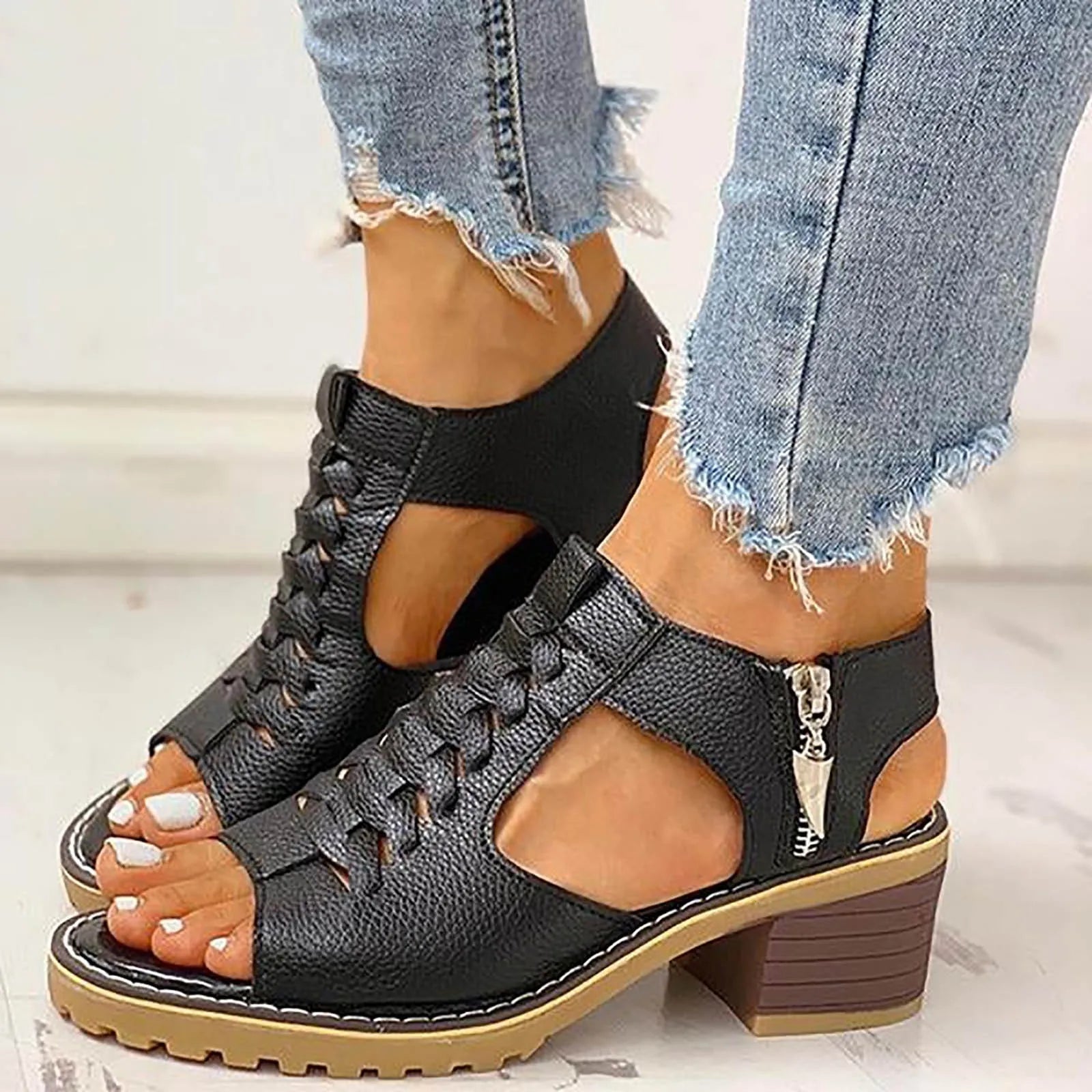 Womens Square Heeled Chunky Sandals Summer Fashion Hollow Out Leather White Sandals Open Toe Breathable Sandals Wedge Shoes