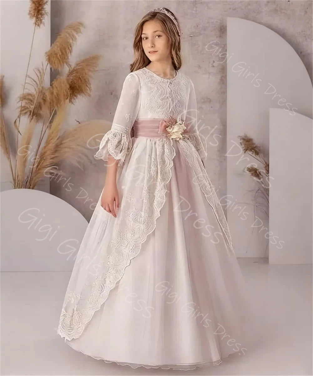 Graceful Lace Princess Flower Girl Dress 2-14 Kids 3/4 Sleeves 3D Flower Belt Wedding Party Gown First Communion Dress Custom