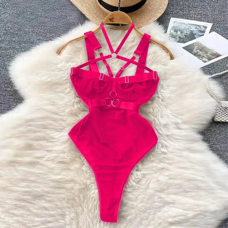 Valentine Party Sleepwear Combination Catsuits Slim Intimate Erotic Mesh Strappy Rompers Women Bodysuits Lingerie Sexy Sets