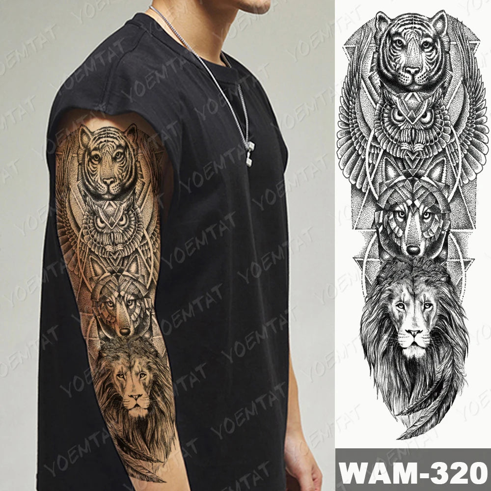 Large Arm Sleeve Tattoo Gun Rose Lion Waterproof Temporary Tattoo Sticker Clock Flower Waist Leg Body Art Full Fake Tatoo Women