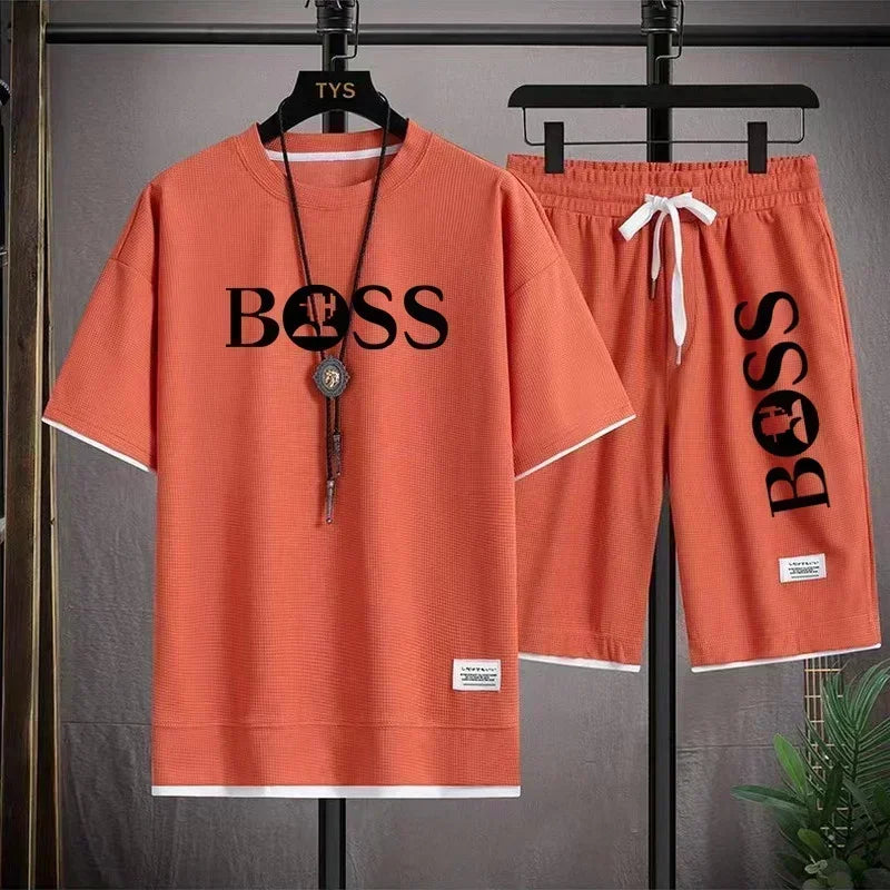 Summer 2025 new men's breathable short-sleeved T-shirt + quick-drying shorts two-piece set, outdoor fashionable men's sportswear
