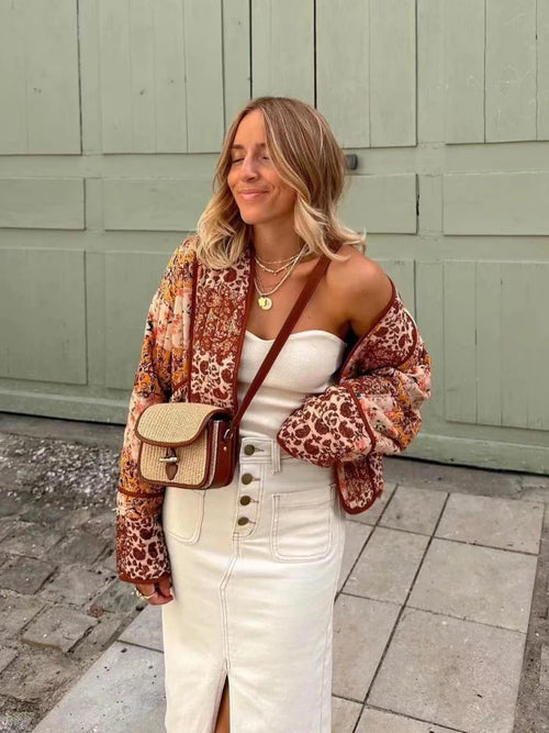 2025 New Autumn Vintage Print Patchwork Cotton Woman Coats Casual Loose Full Sleeve Short Jackets Winter Female Outerwear